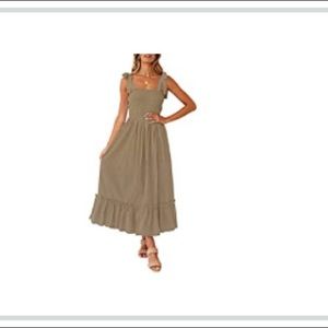 Khaki colored ruffle maxi dress.